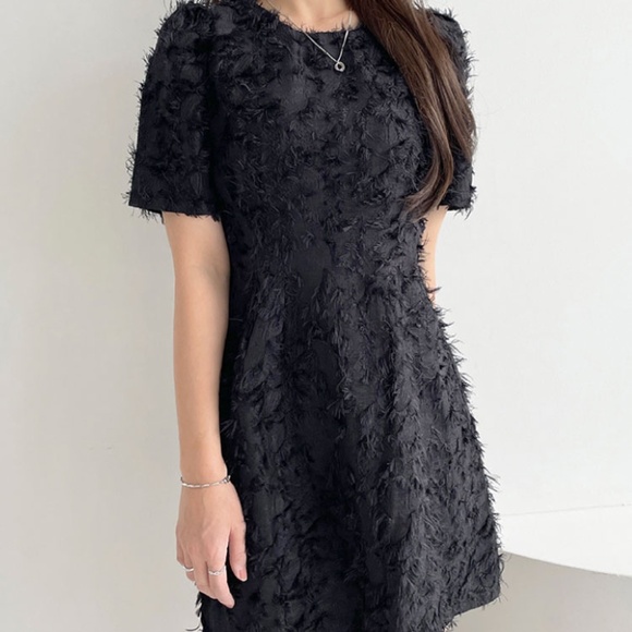 DAZY Black Feathery Fuzzy Short-Sleeve Mini Party Dress Black, Size S-M - Picture 2 of 15